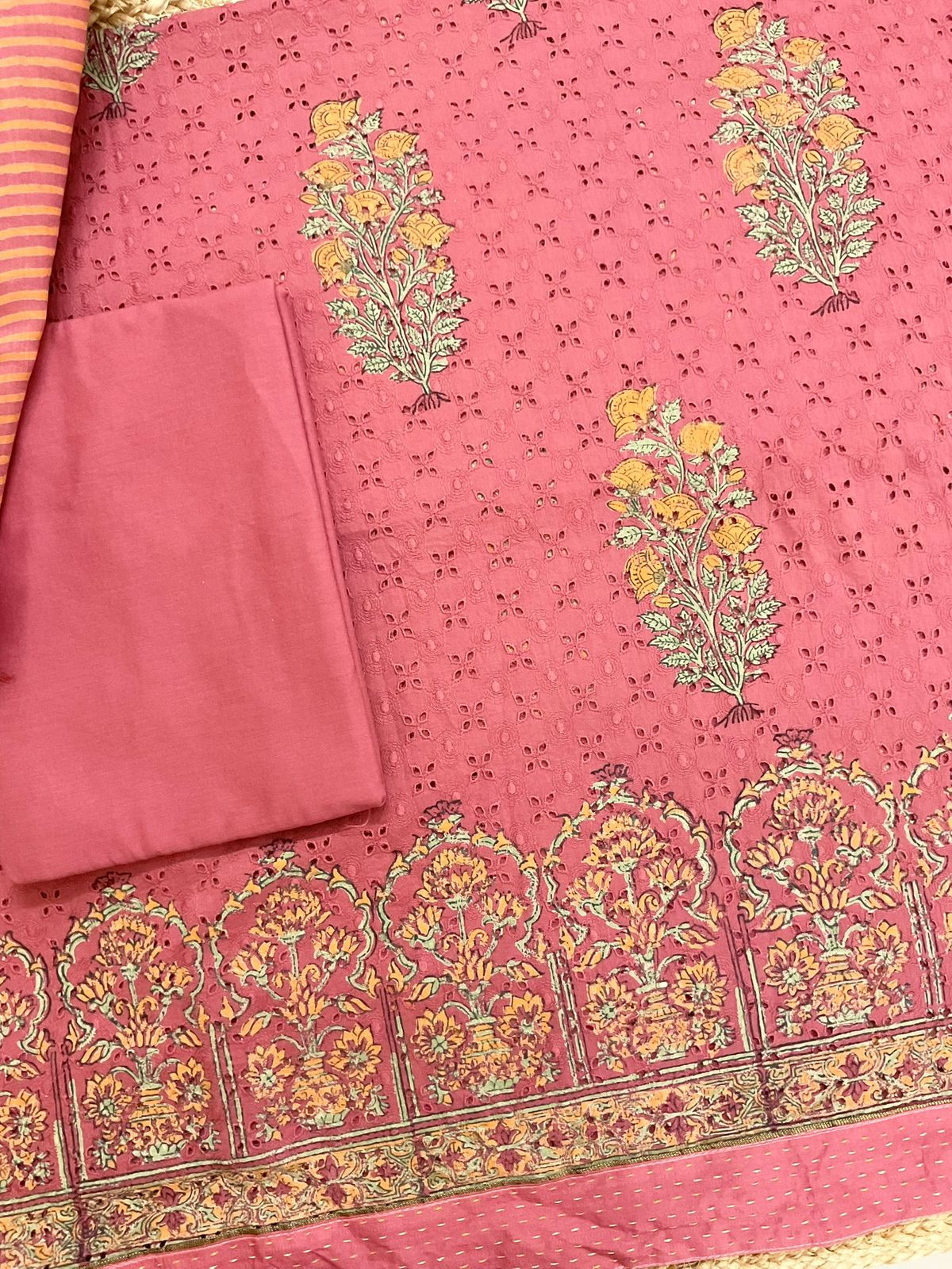 Pure Hakoba Cotton Printed Embroidered Suit - Pink