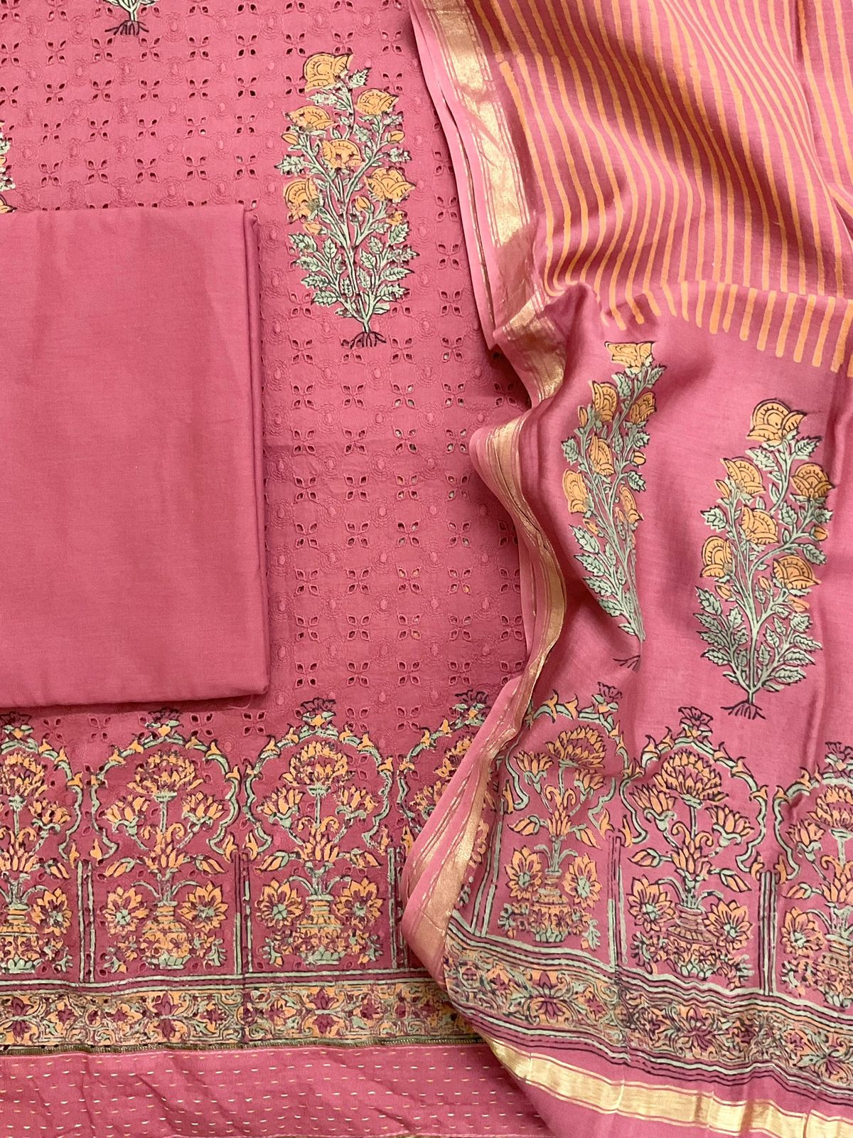 Pure Hakoba Cotton Printed Embroidered Suit - Pink