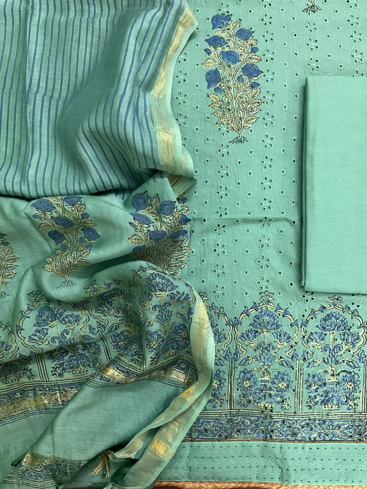 Pure Hakoba Cotton Printed Embroidered Suit - Green