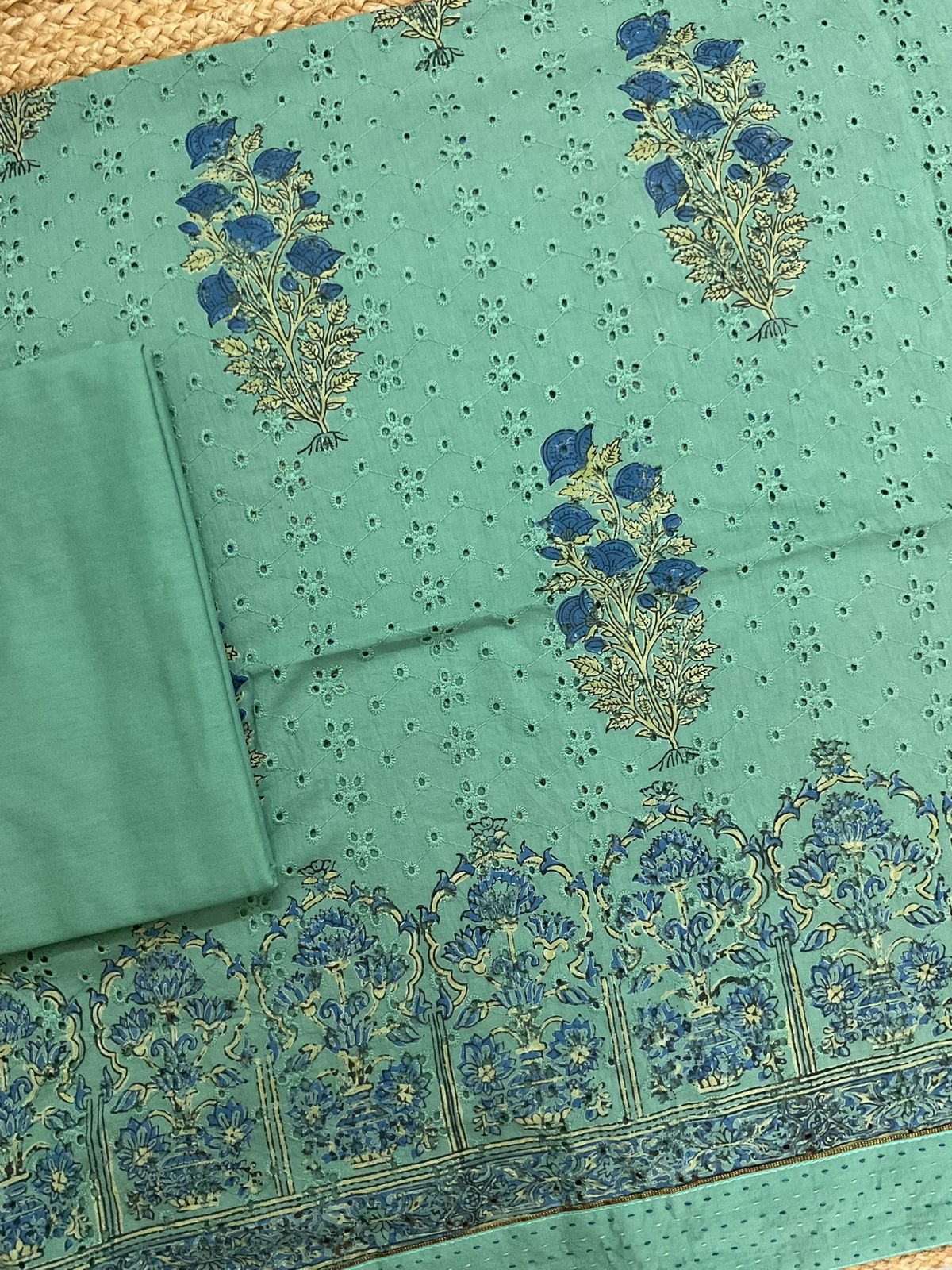 Pure Hakoba Cotton Printed Embroidered Suit - Green
