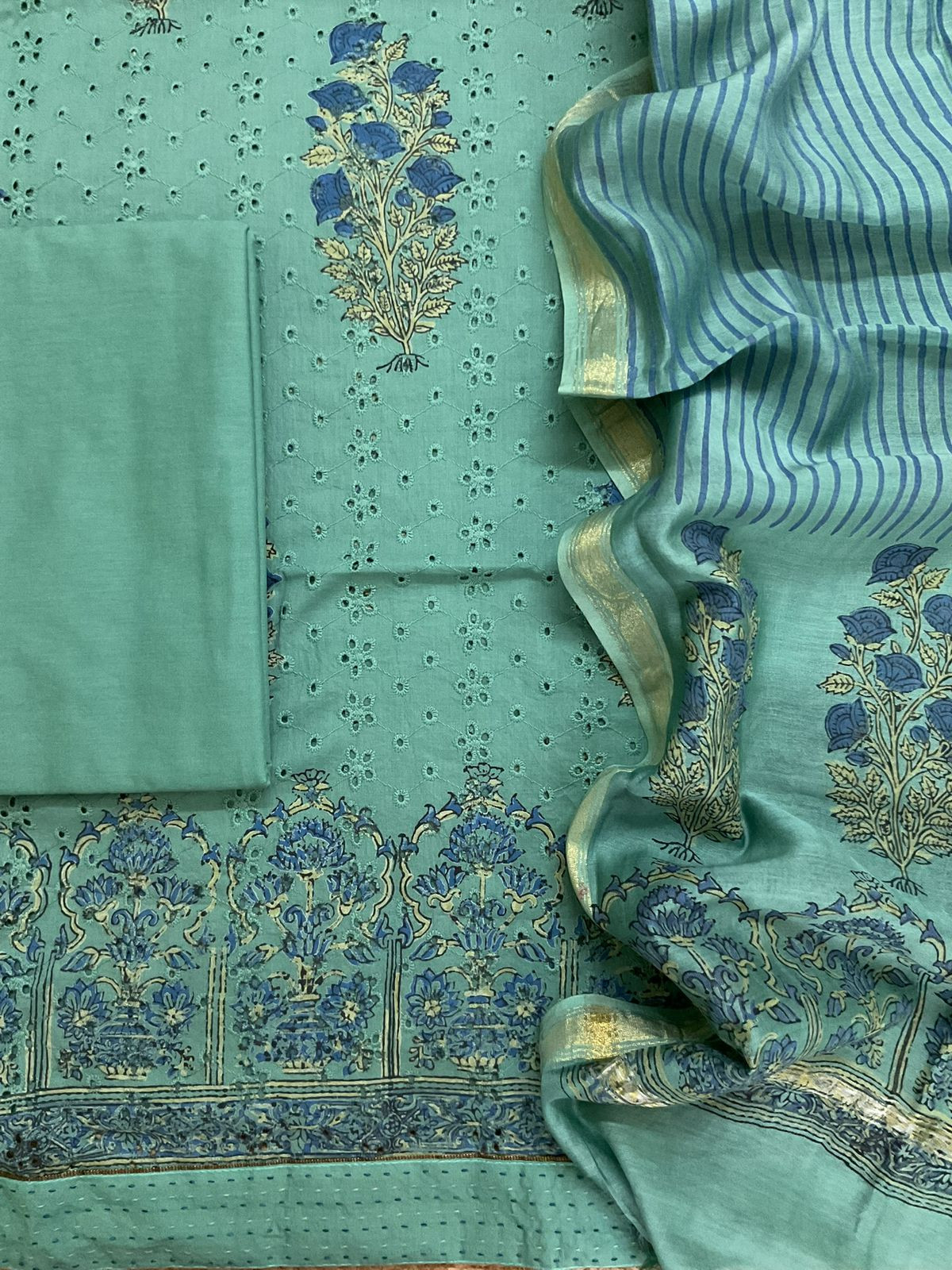 Pure Hakoba Cotton Printed Embroidered Suit - Green
