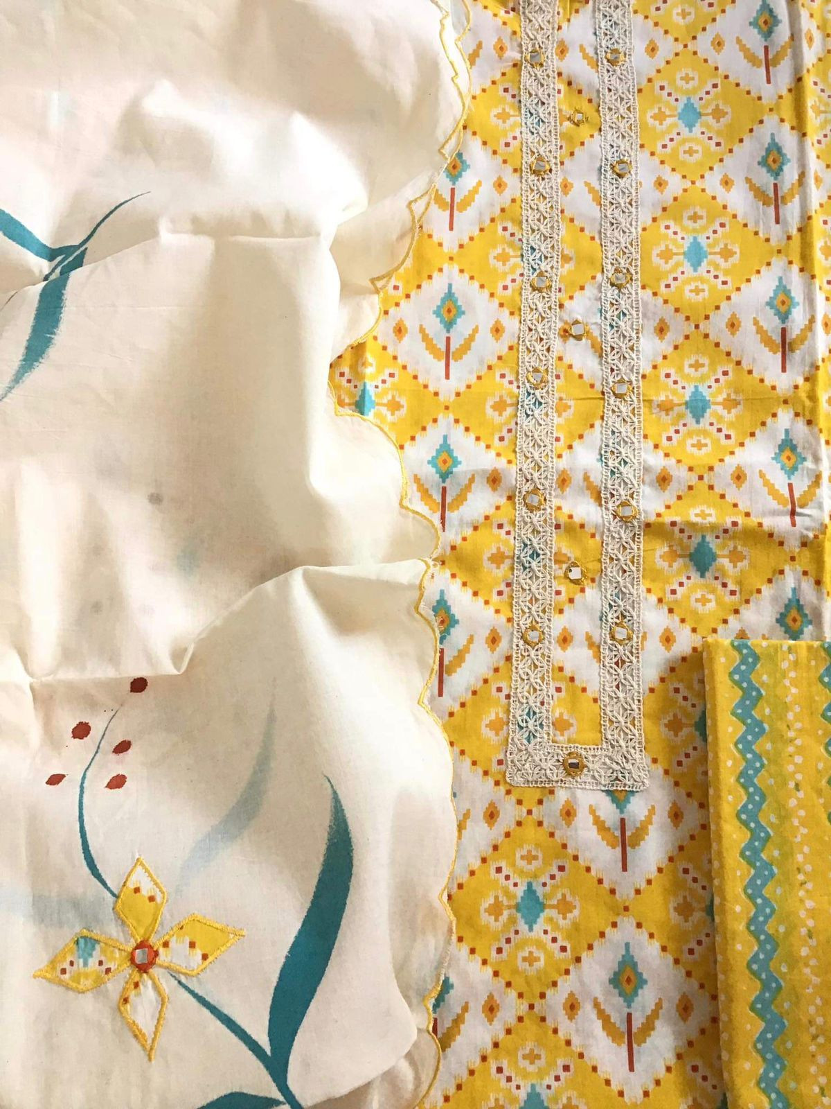 Pure Cotton Printed Embroidered Suit - Yellow