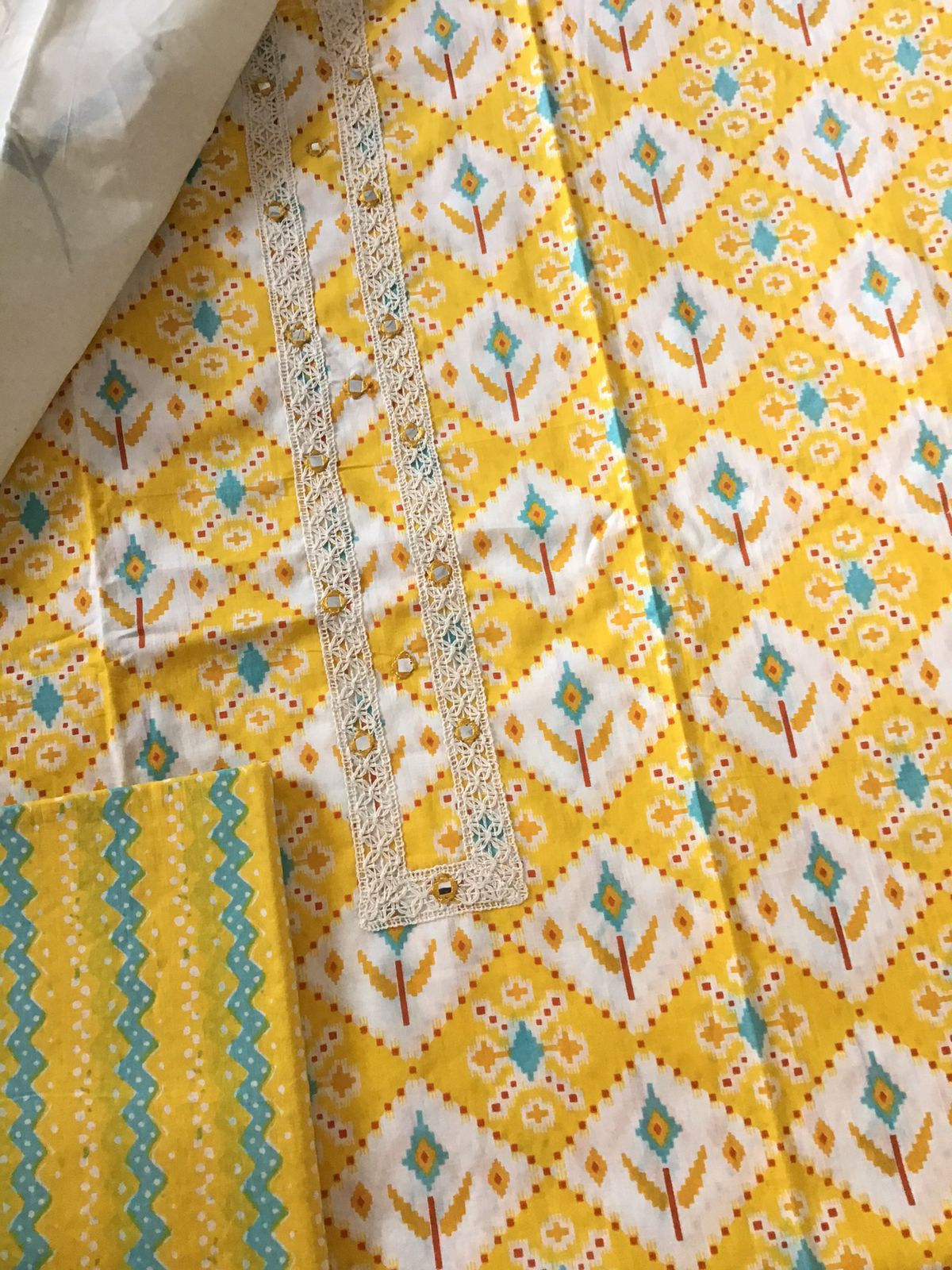Pure Cotton Printed Embroidered Suit - Yellow