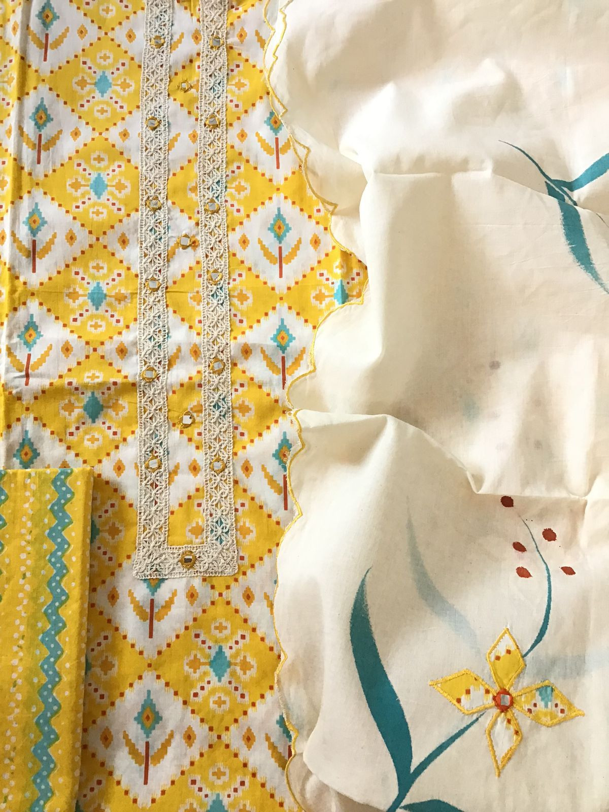 Pure Cotton Printed Embroidered Suit - Yellow