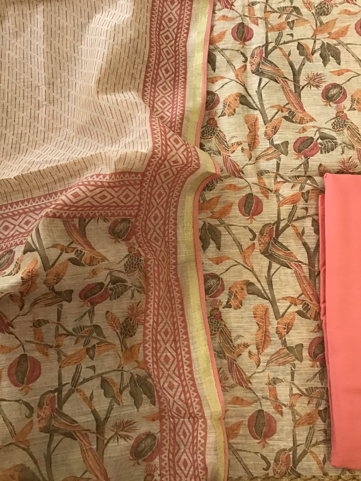 Soft Fine Slub Chanderi Printed Suit - Beige