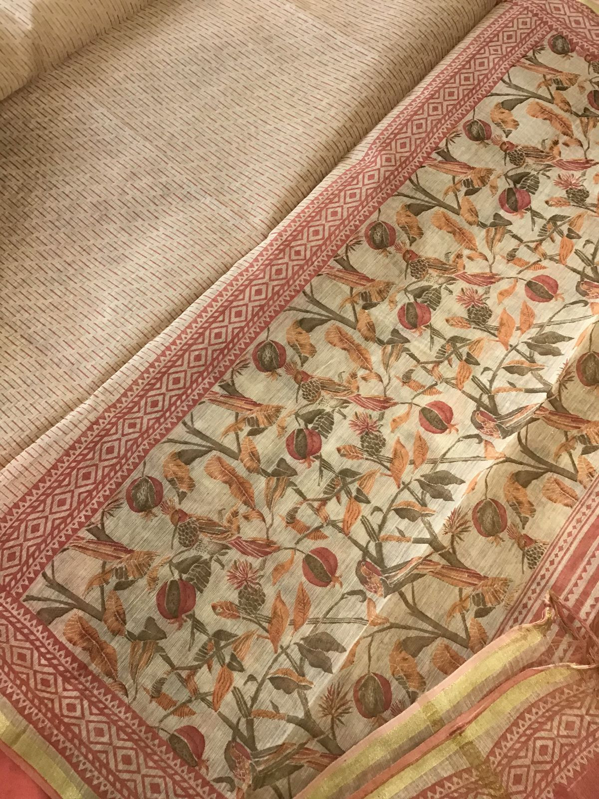 Soft Fine Slub Chanderi Printed Suit - Beige