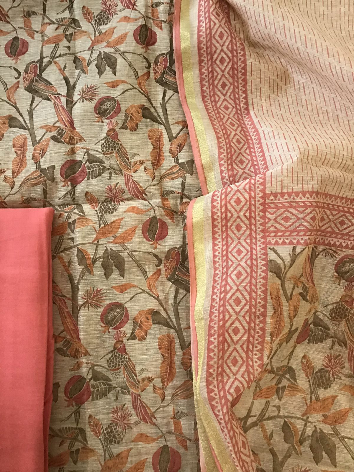 Soft Fine Slub Chanderi Printed Suit - Beige