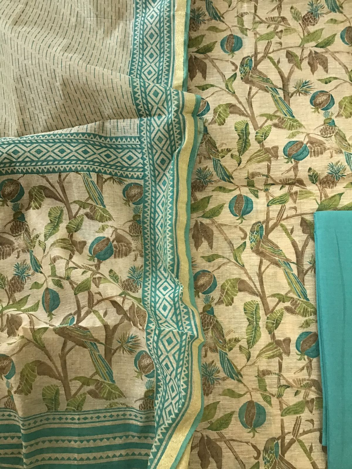 Soft Fine Slub Chanderi Printed Suit - Beige