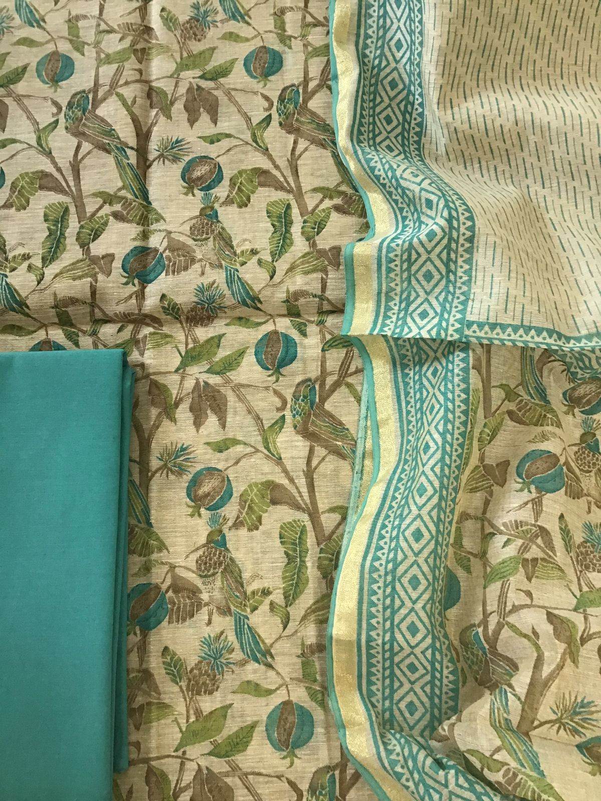 Soft Fine Slub Chanderi Printed Suit - Beige