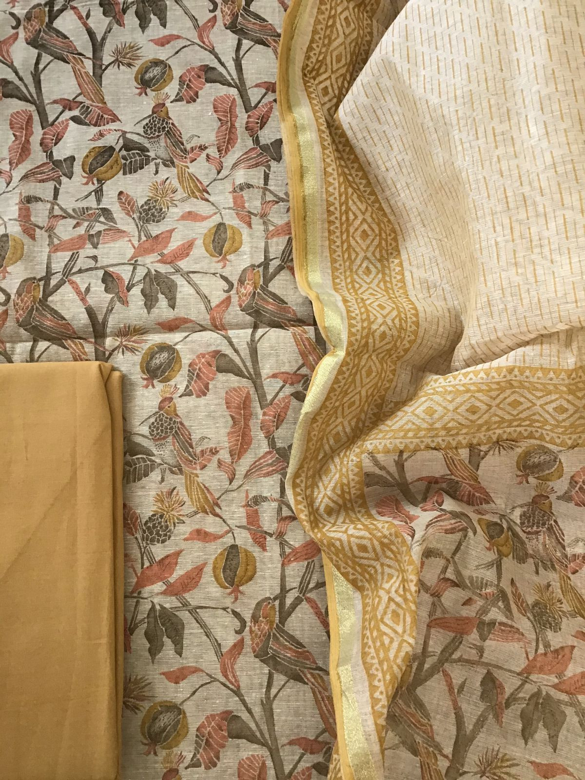 Soft Fine Slub Chanderi Printed Suit - Beige