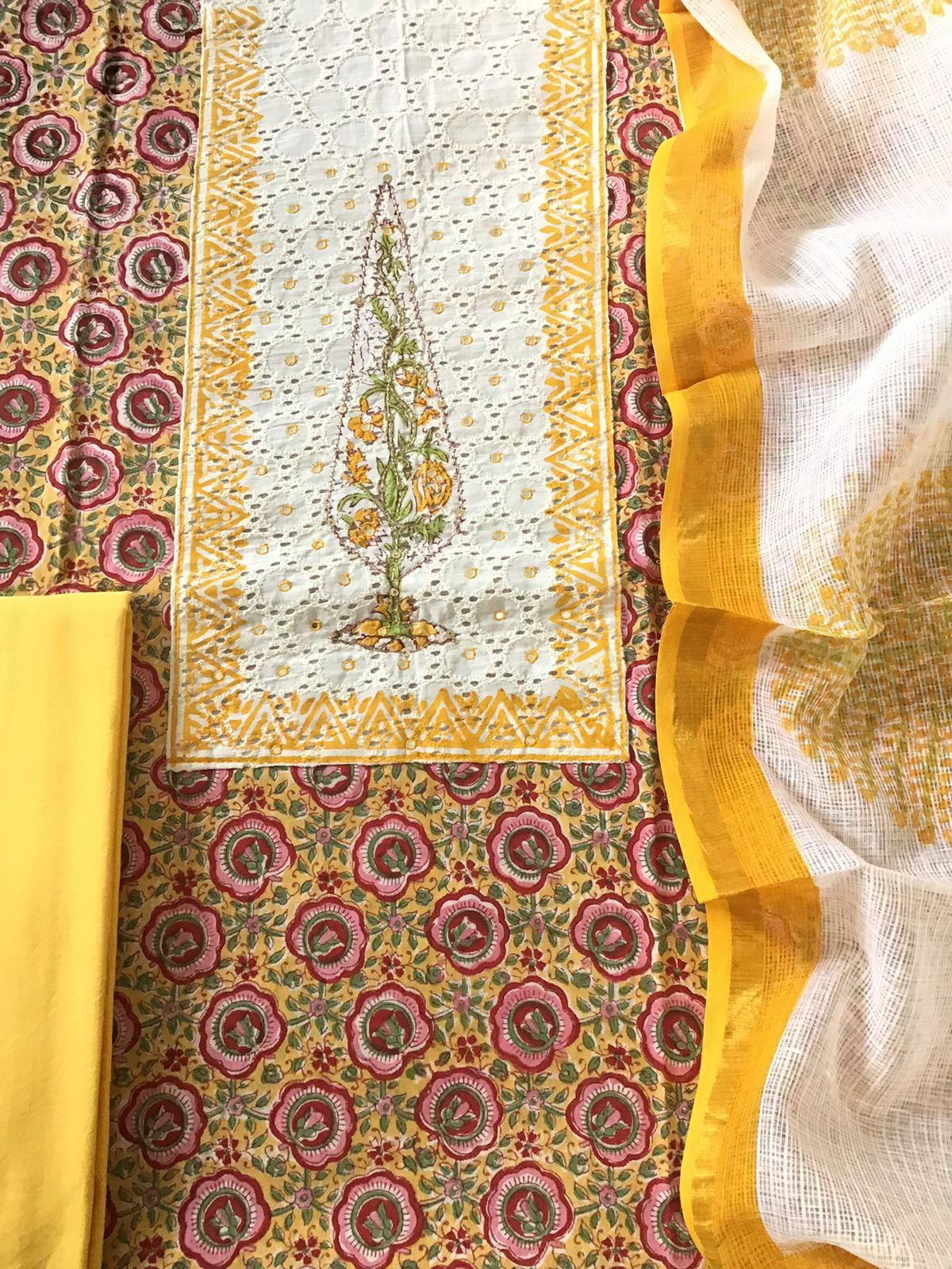 Pure Cotton Printed Embroidered Suit - Yellow