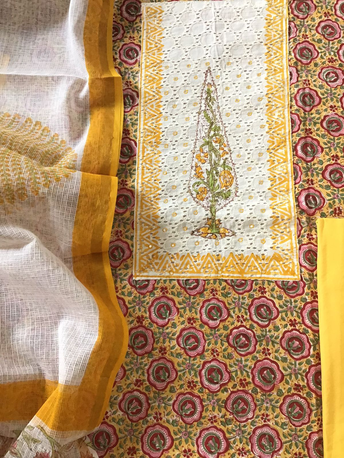 Pure Cotton Printed Embroidered Suit - Yellow
