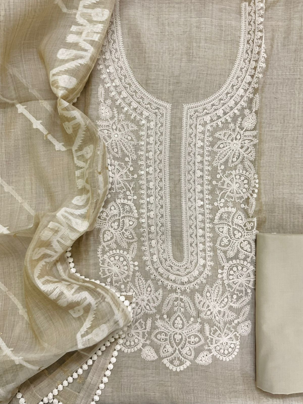 Soft Fine Slub Chanderi Jamdani Weaved Embroidered Suit - Beige