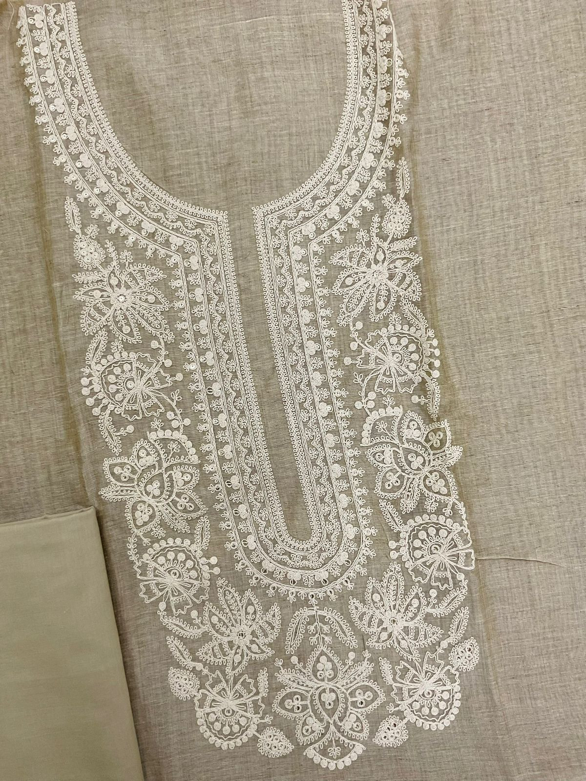 Soft Fine Slub Chanderi Jamdani Weaved Embroidered Suit - Beige