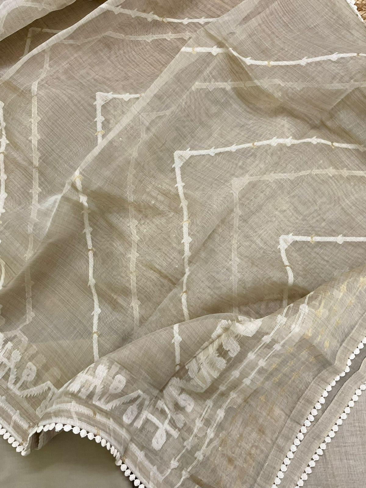 Soft Fine Slub Chanderi Jamdani Weaved Embroidered Suit - Beige