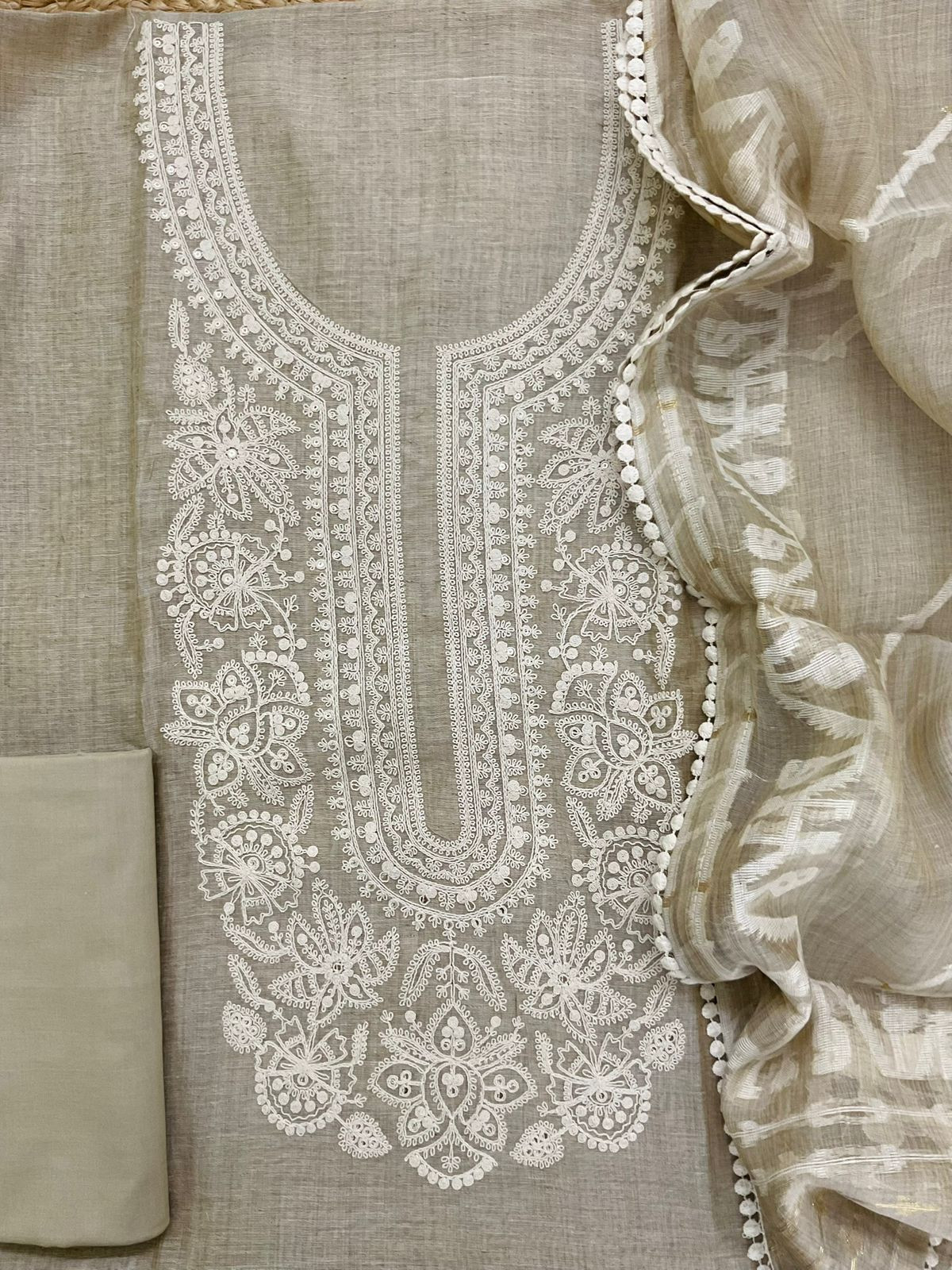 Soft Fine Slub Chanderi Jamdani Weaved Embroidered Suit - Beige
