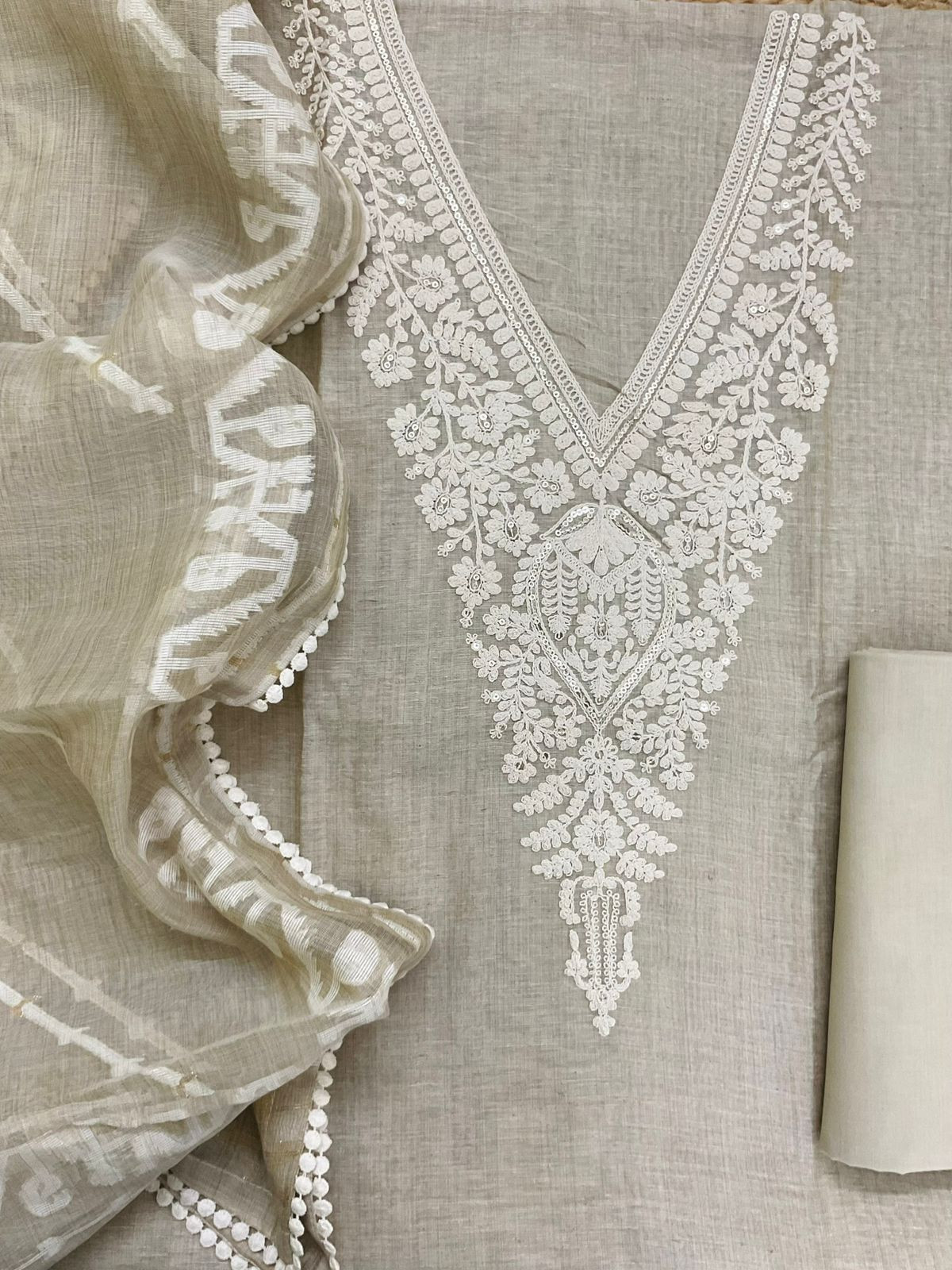 Soft Fine Slub Chanderi Jamdani Weaved Embroidered Suit - Beige