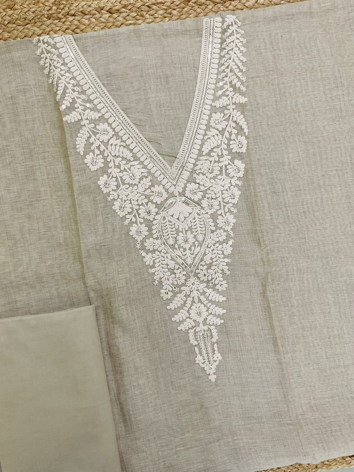 Soft Fine Slub Chanderi Jamdani Weaved Embroidered Suit - Beige