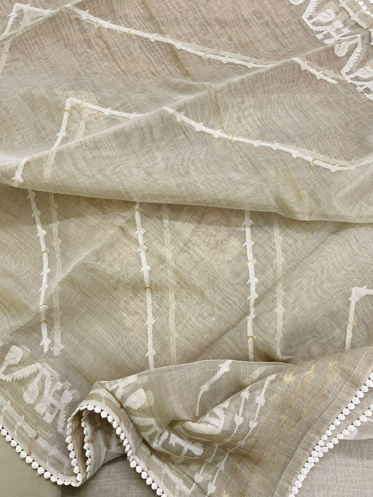 Soft Fine Slub Chanderi Jamdani Weaved Embroidered Suit - Beige