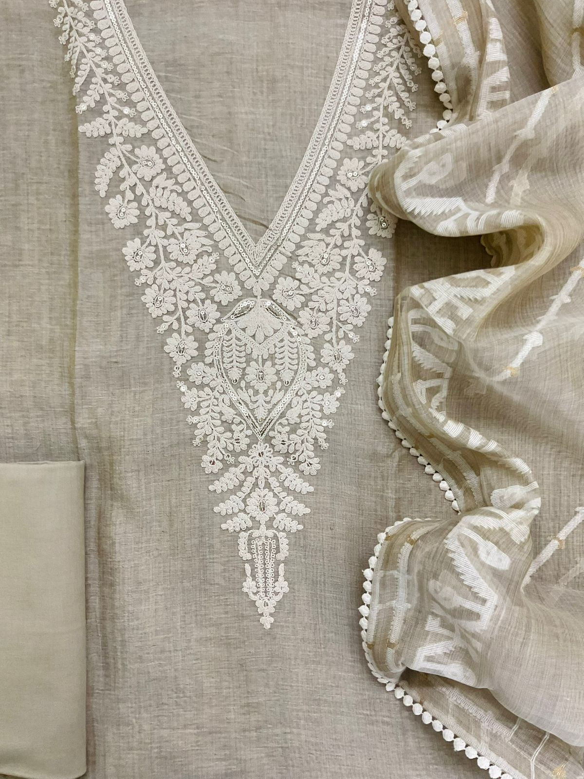 Soft Fine Slub Chanderi Jamdani Weaved Embroidered Suit - Beige