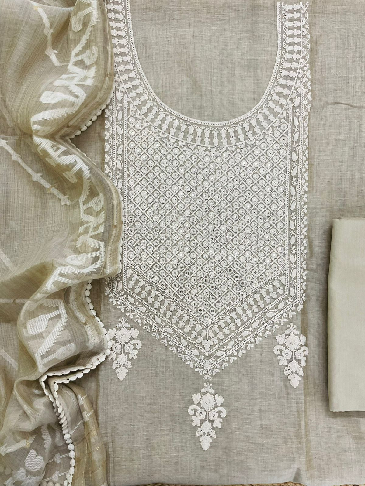 Soft Fine Slub Chanderi Jamdani Weaved Embroidered Suit - Beige