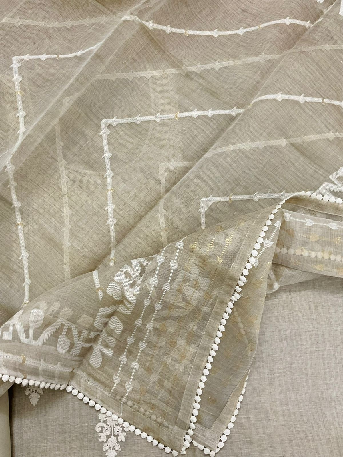 Soft Fine Slub Chanderi Jamdani Weaved Embroidered Suit - Beige