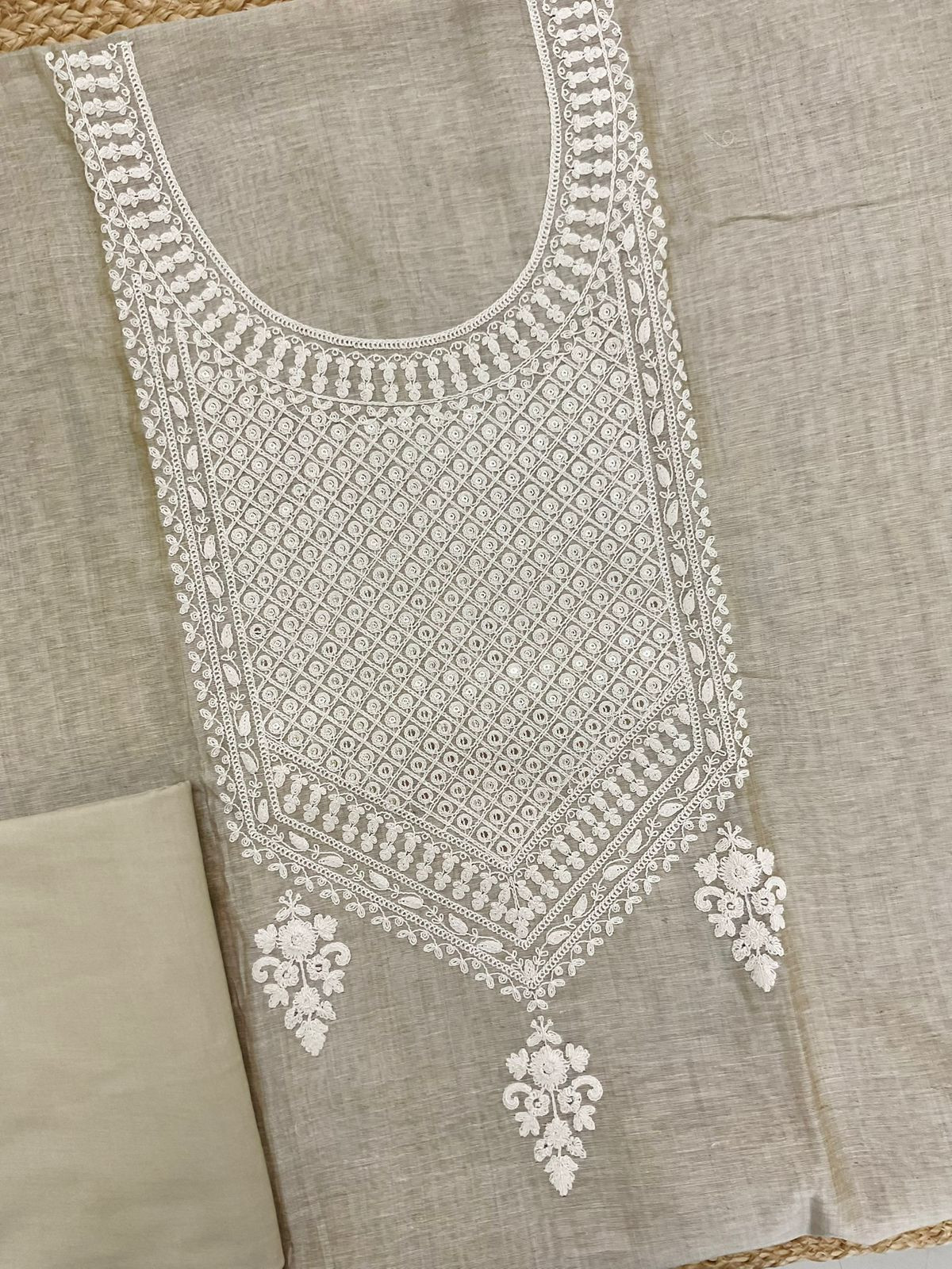 Soft Fine Slub Chanderi Jamdani Weaved Embroidered Suit - Beige