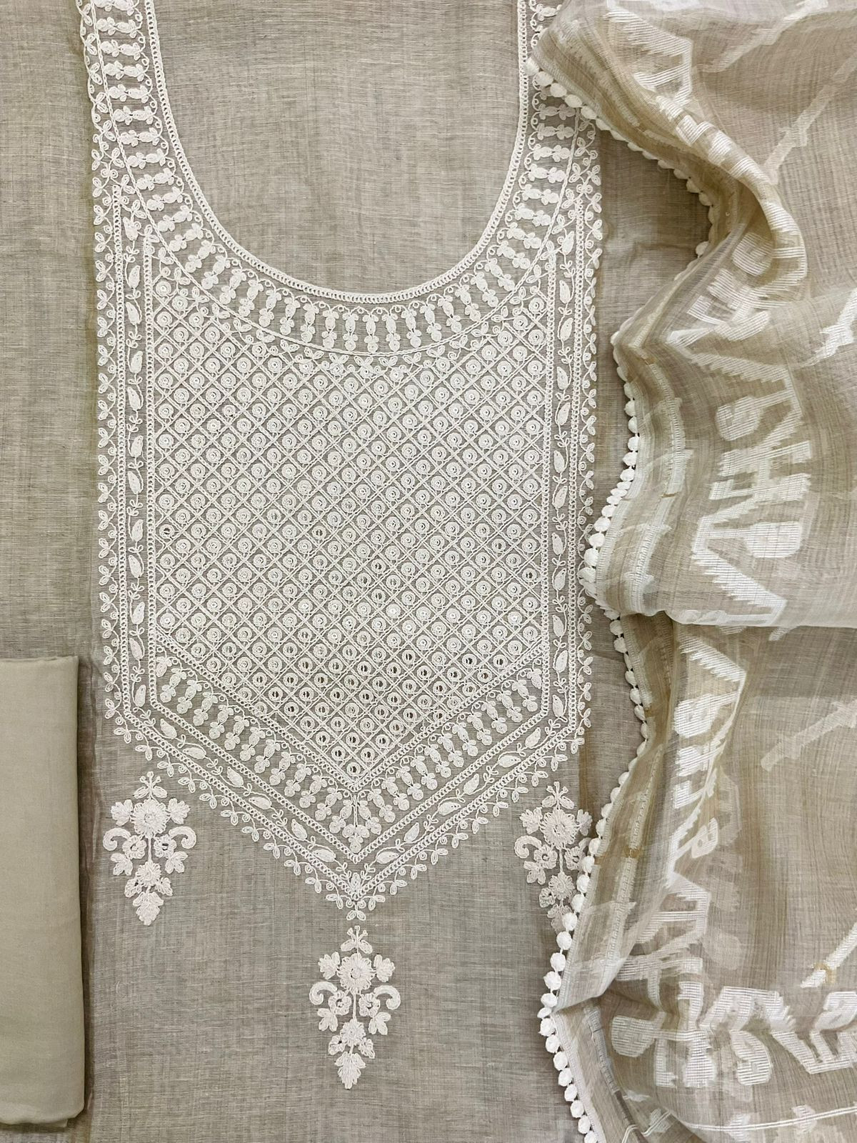 Soft Fine Slub Chanderi Jamdani Weaved Embroidered Suit - Beige