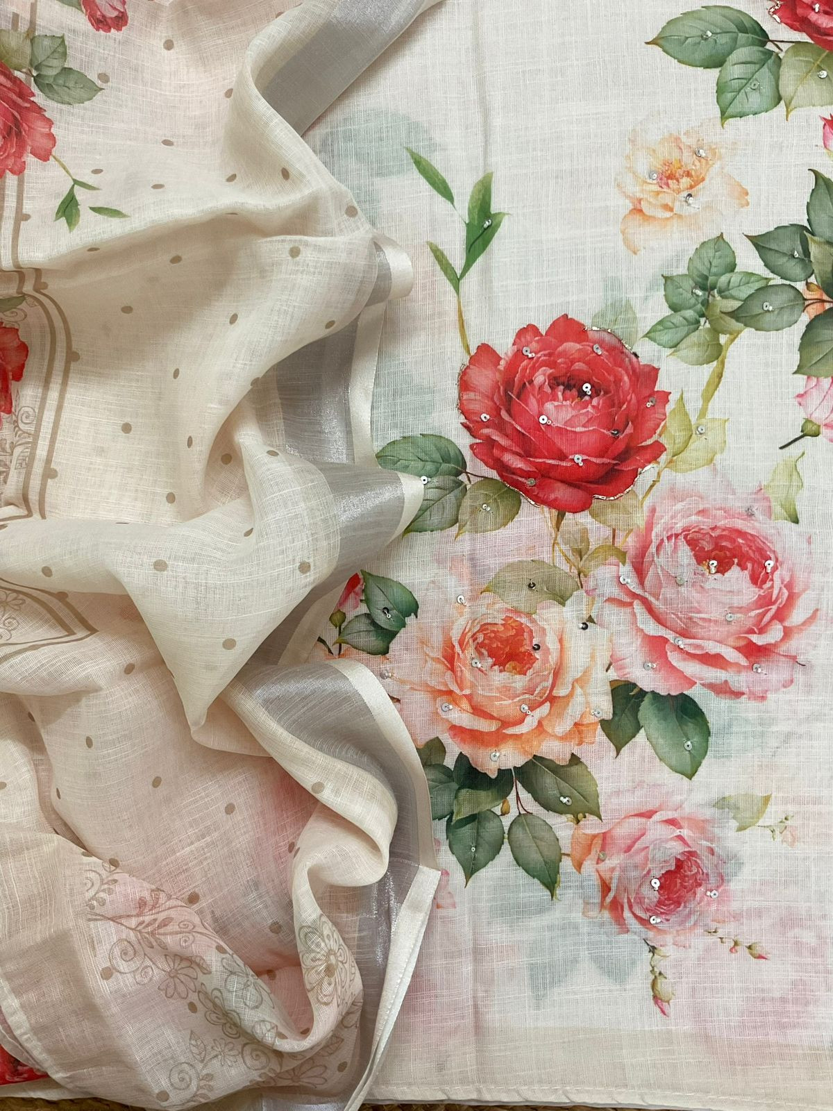 Soft Linen Jute Cotton Printed Embroidered Suit - Off White