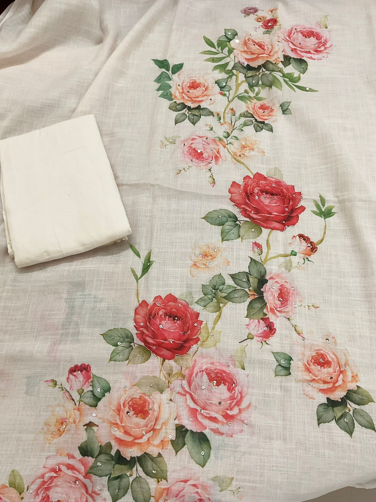 Soft Linen Jute Cotton Printed Embroidered Suit - Off White