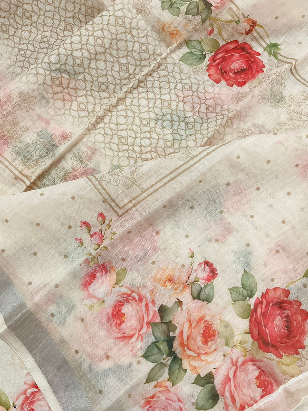 Soft Linen Jute Cotton Printed Embroidered Suit - Off White