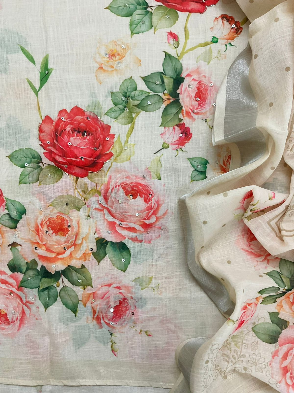 Soft Linen Jute Cotton Printed Embroidered Suit - Off White