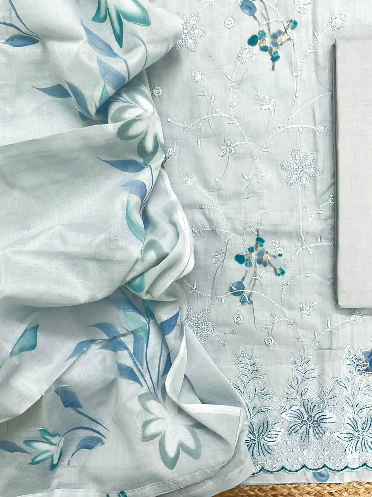 Pure Cotton Printed Embroidered Suit - Blue