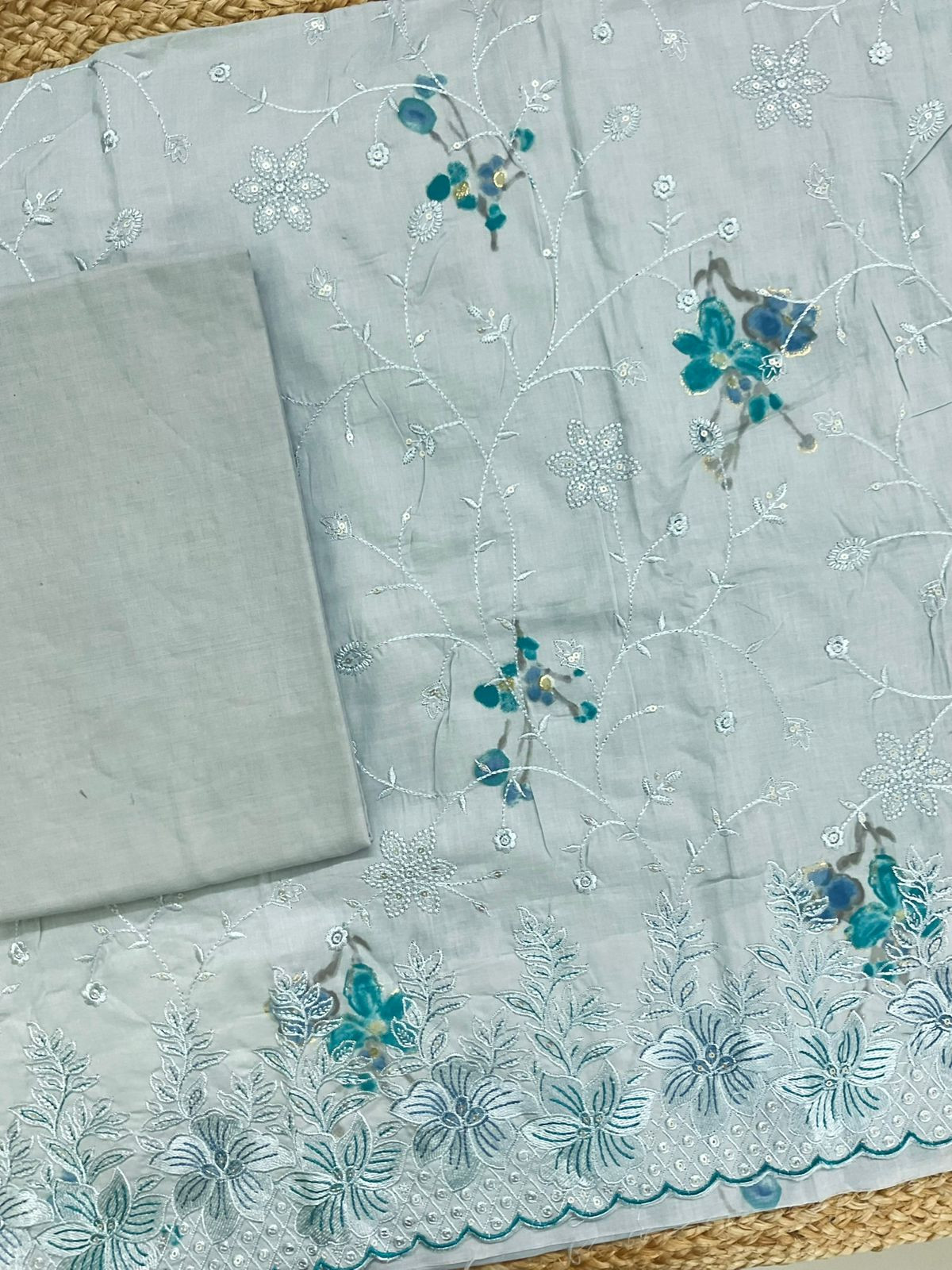 Pure Cotton Printed Embroidered Suit - Blue