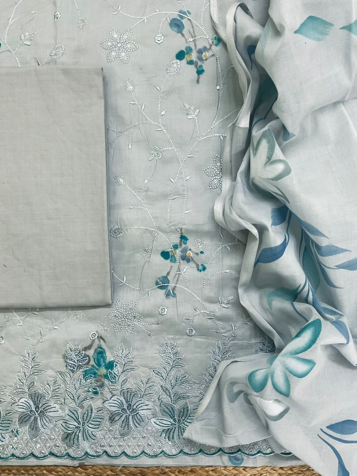 Pure Cotton Printed Embroidered Suit - Blue