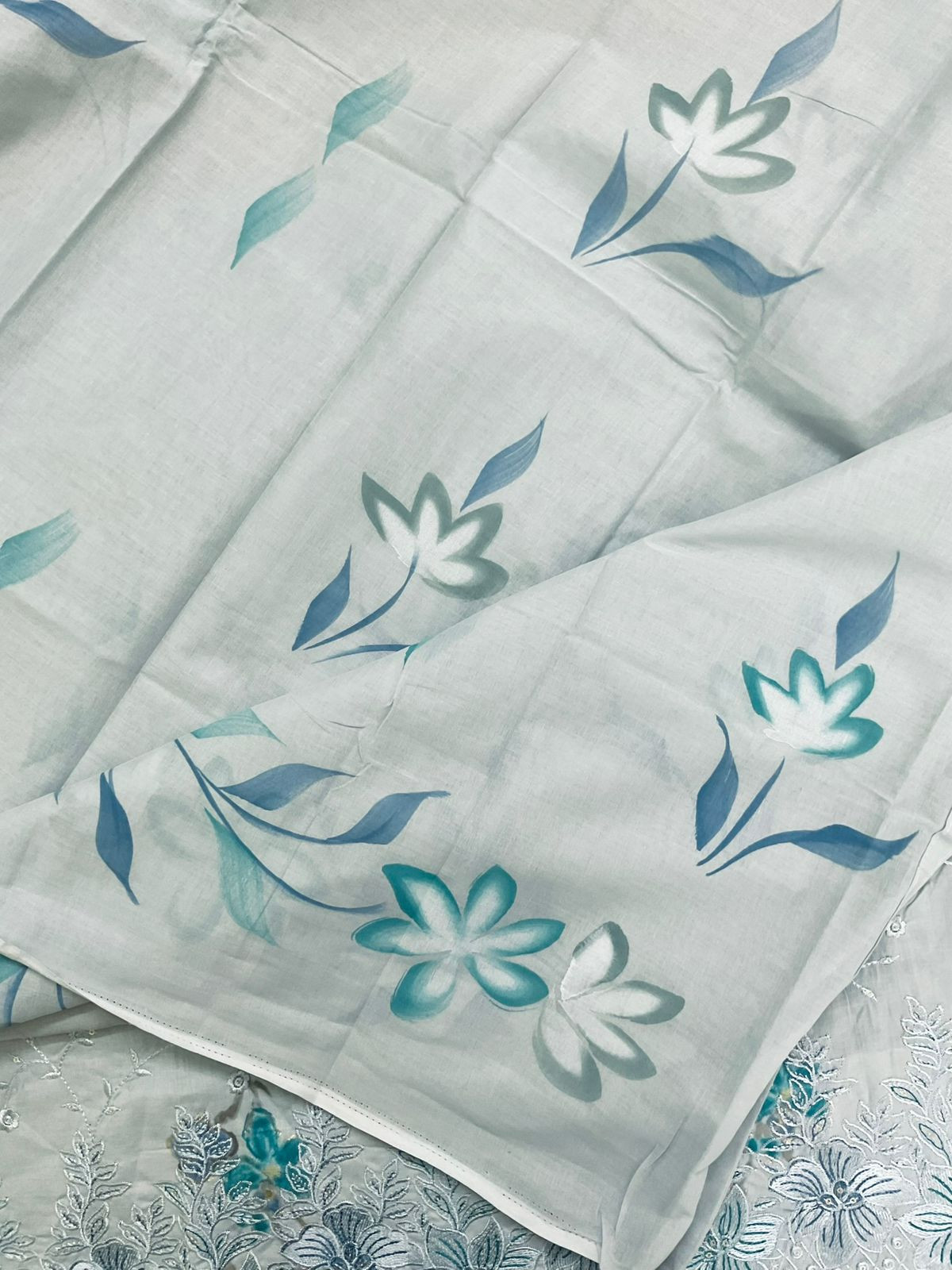 Pure Cotton Printed Embroidered Suit - Blue