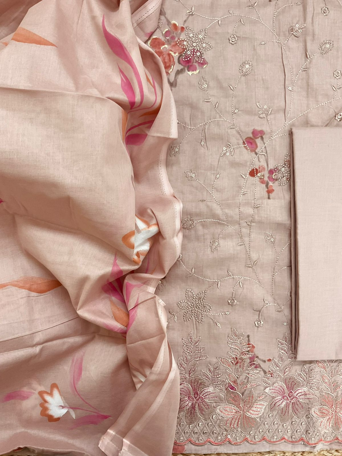 Pure Cotton Printed Embroidered Suit - Peach