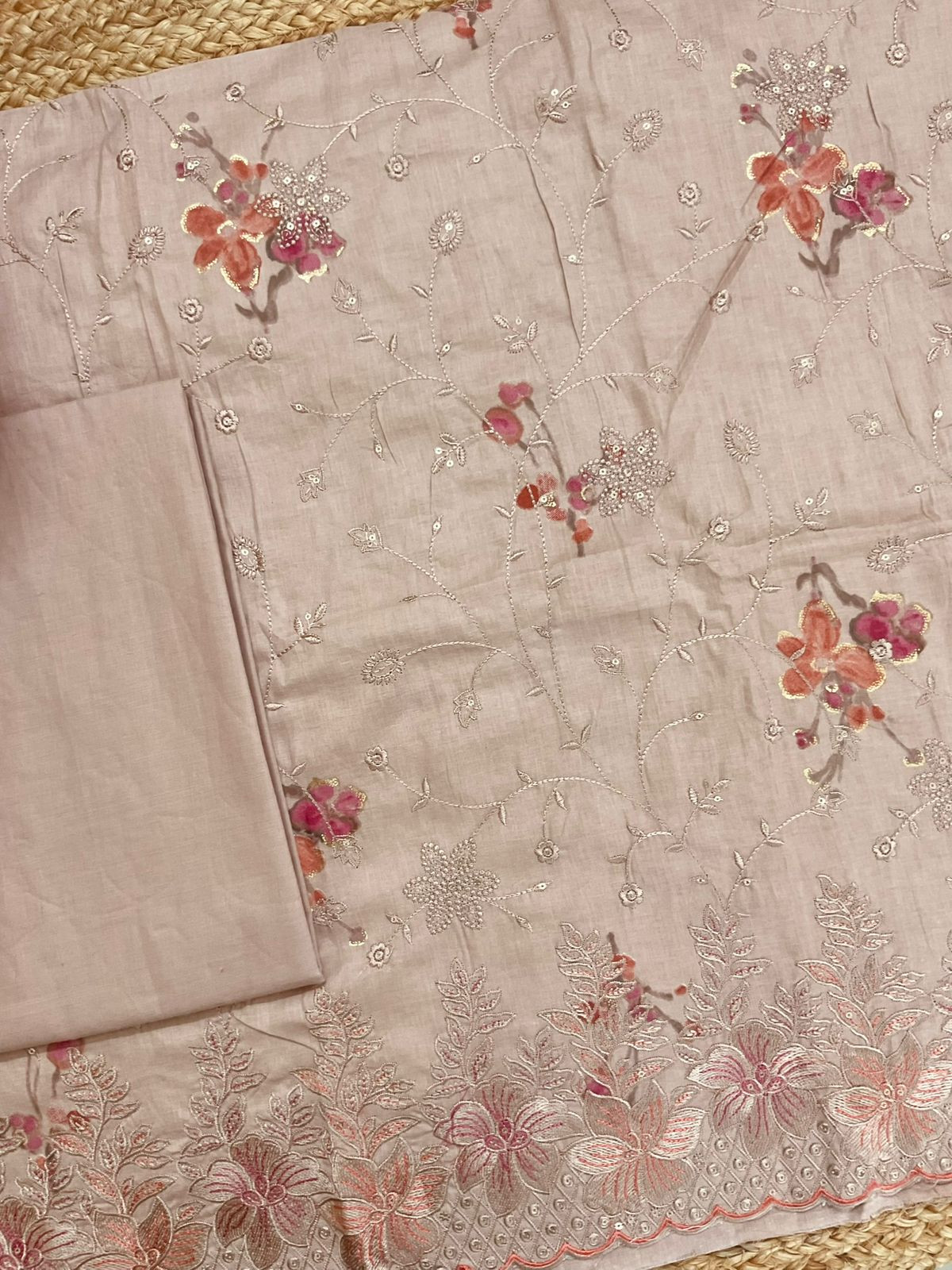 Pure Cotton Printed Embroidered Suit - Peach