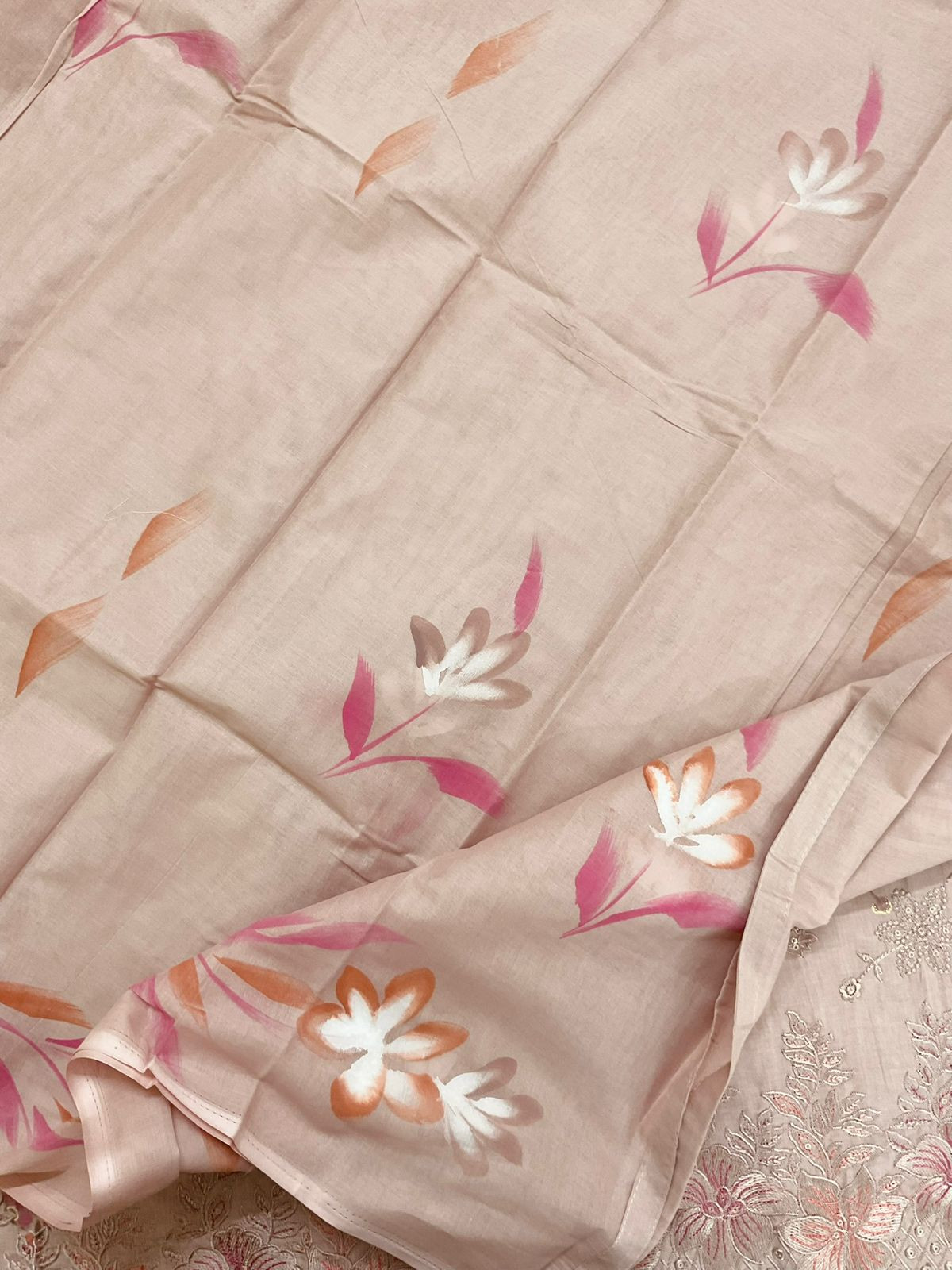 Pure Cotton Printed Embroidered Suit - Peach