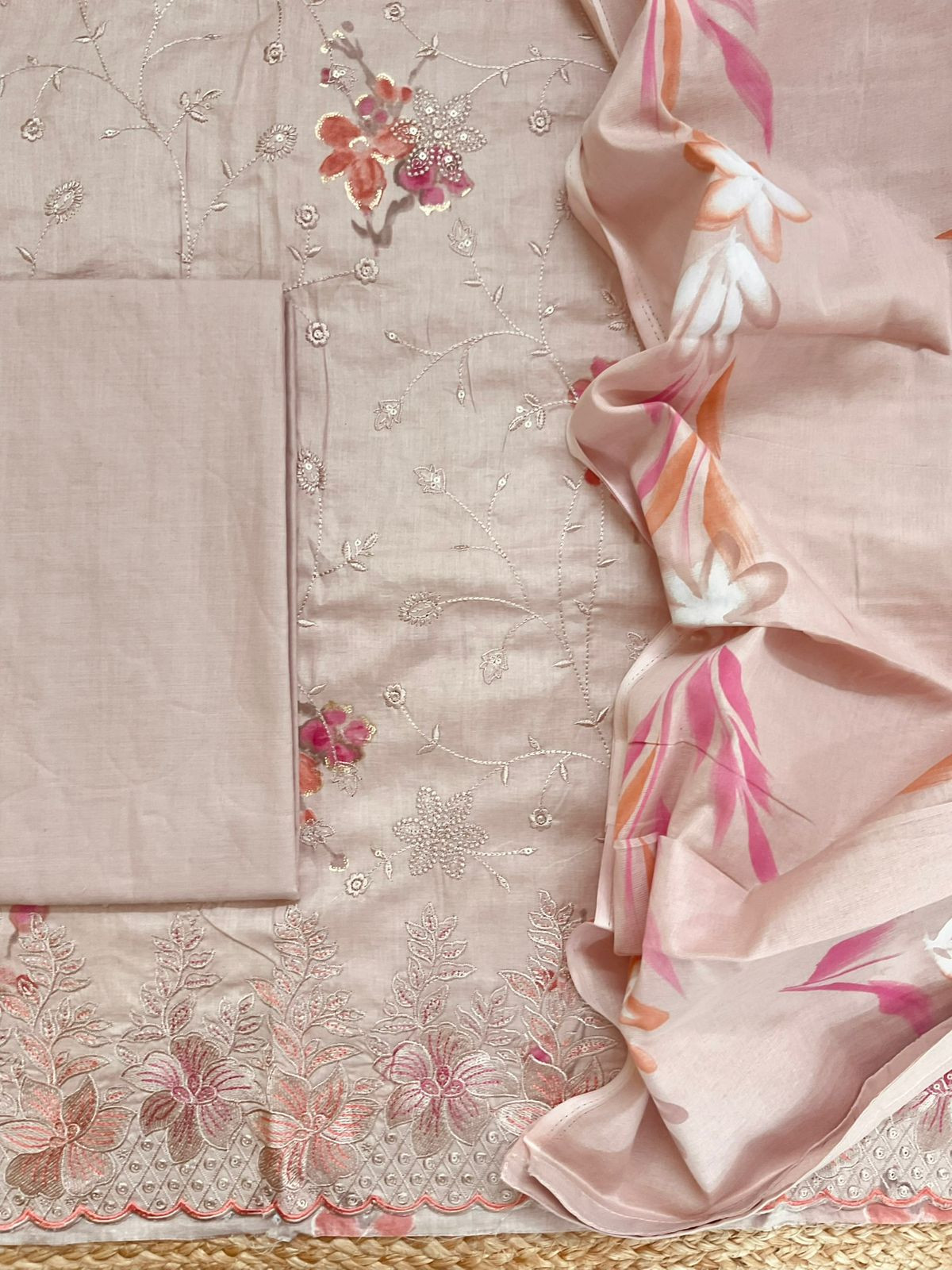 Pure Cotton Printed Embroidered Suit - Peach