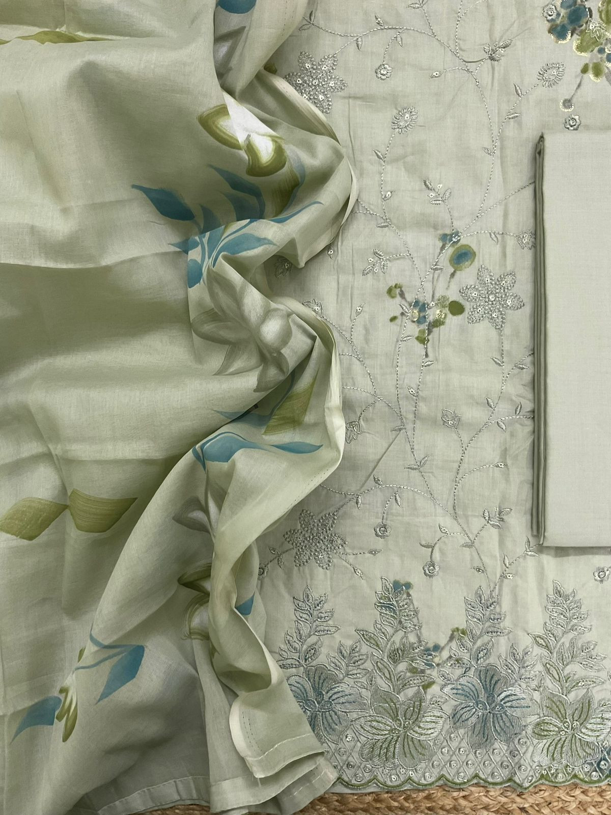 Pure Cotton Printed Embroidered Suit - Green