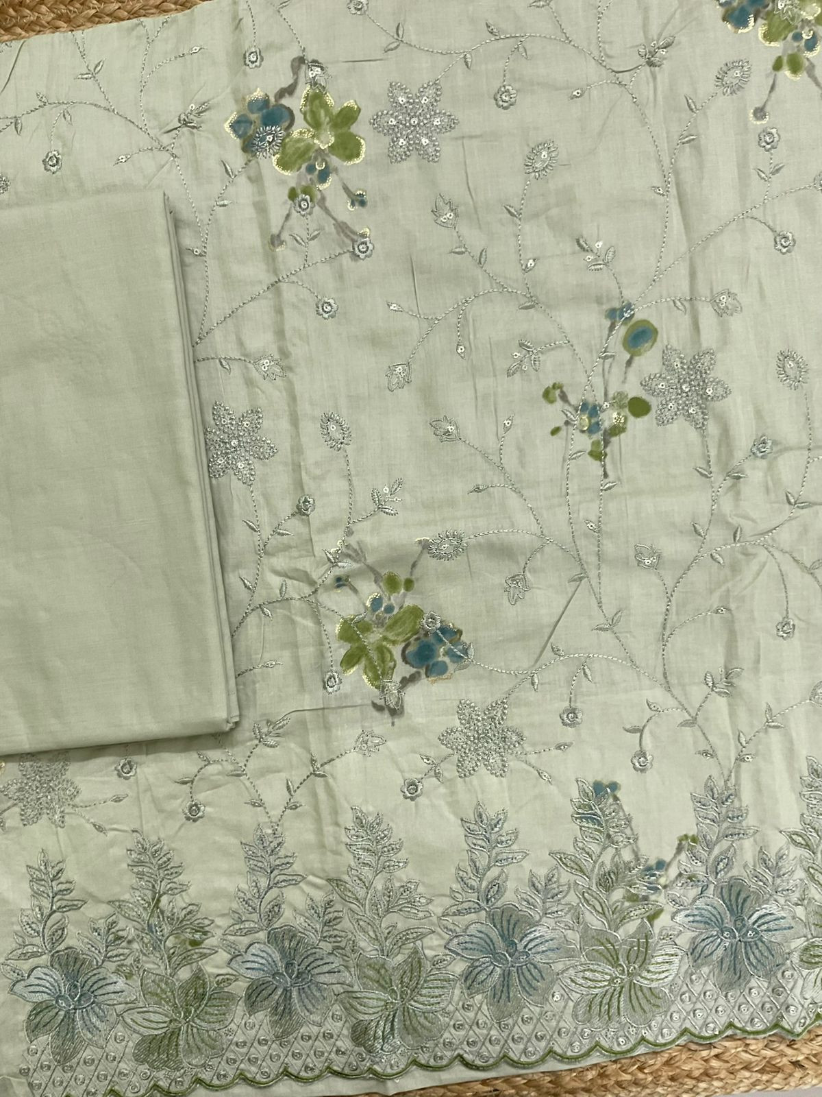 Pure Cotton Printed Embroidered Suit - Green