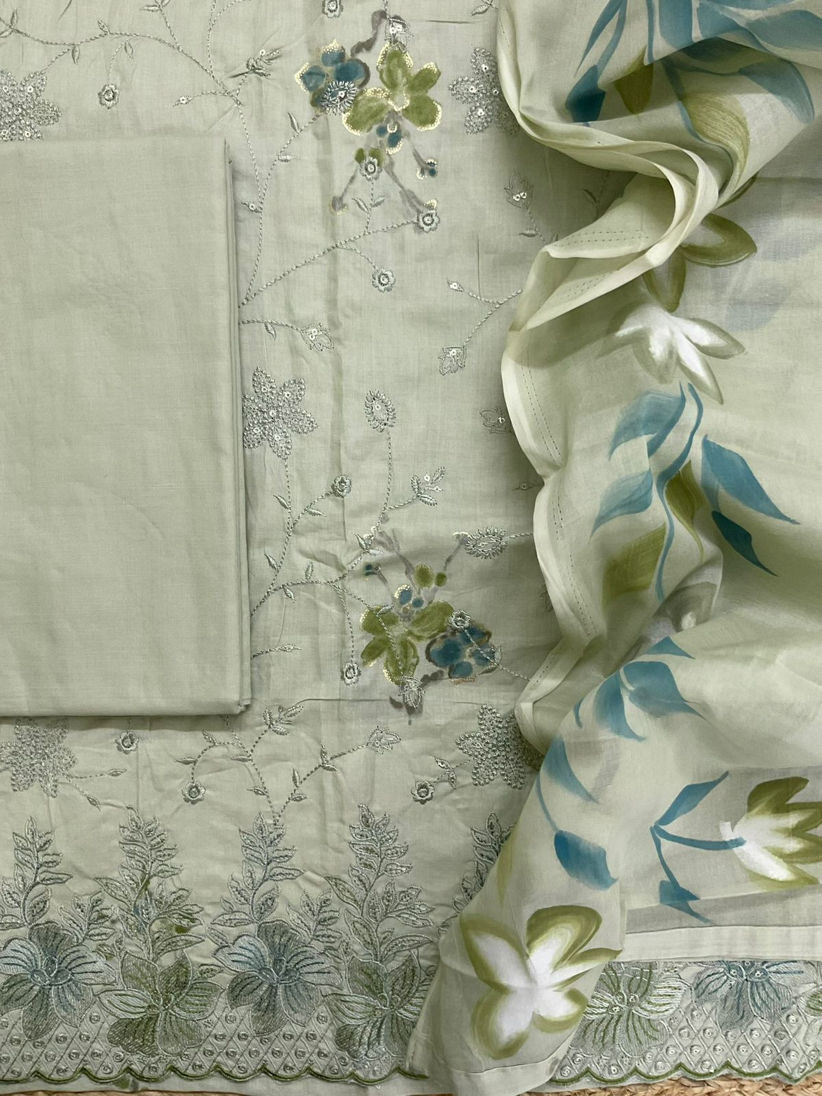 Pure Cotton Printed Embroidered Suit - Green