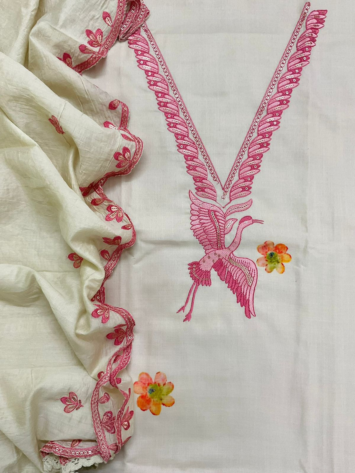 Soft Slub Cotton Printed Embroidered Suit - Off White