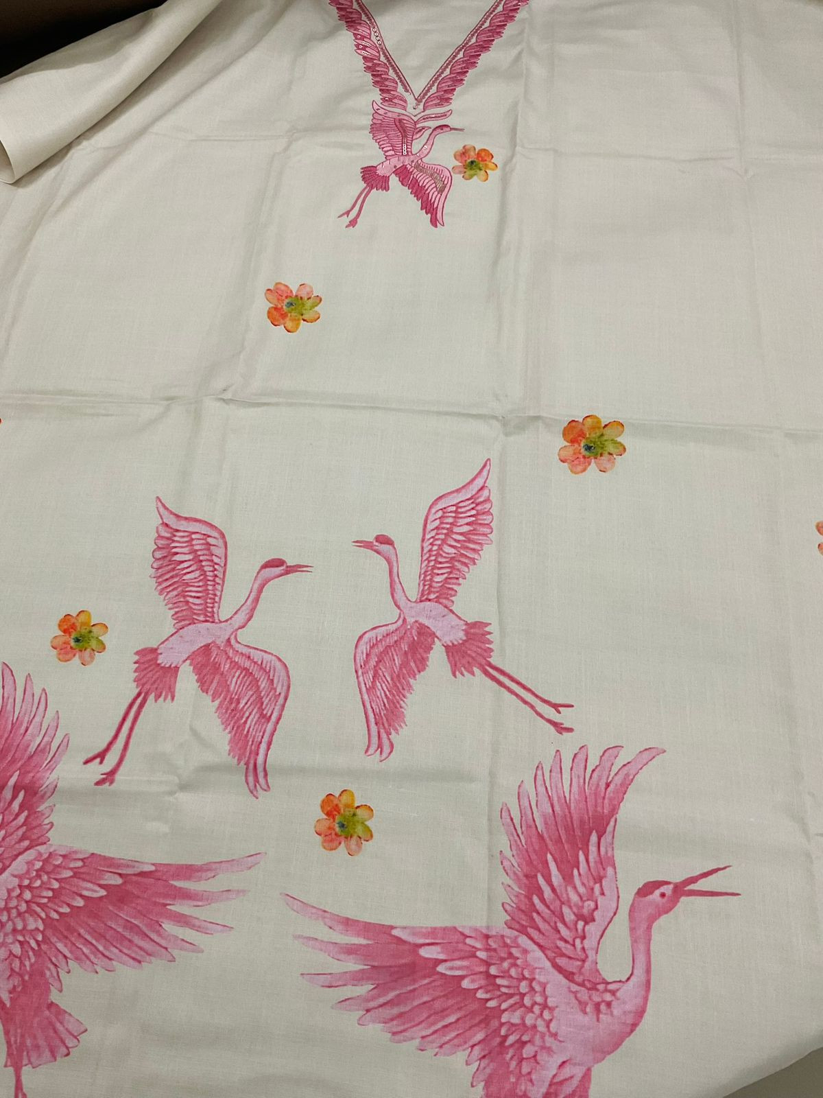 Soft Slub Cotton Printed Embroidered Suit - Off White