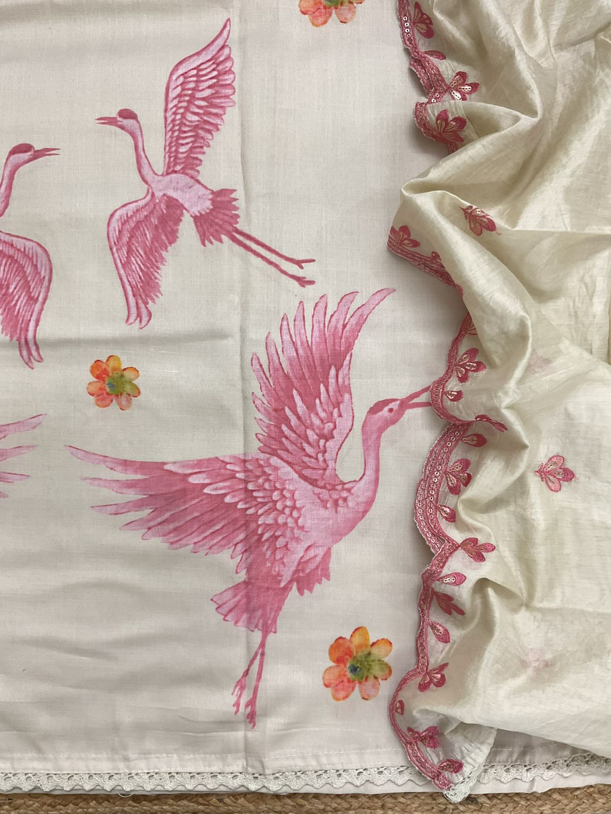 Soft Slub Cotton Printed Embroidered Suit - Off White