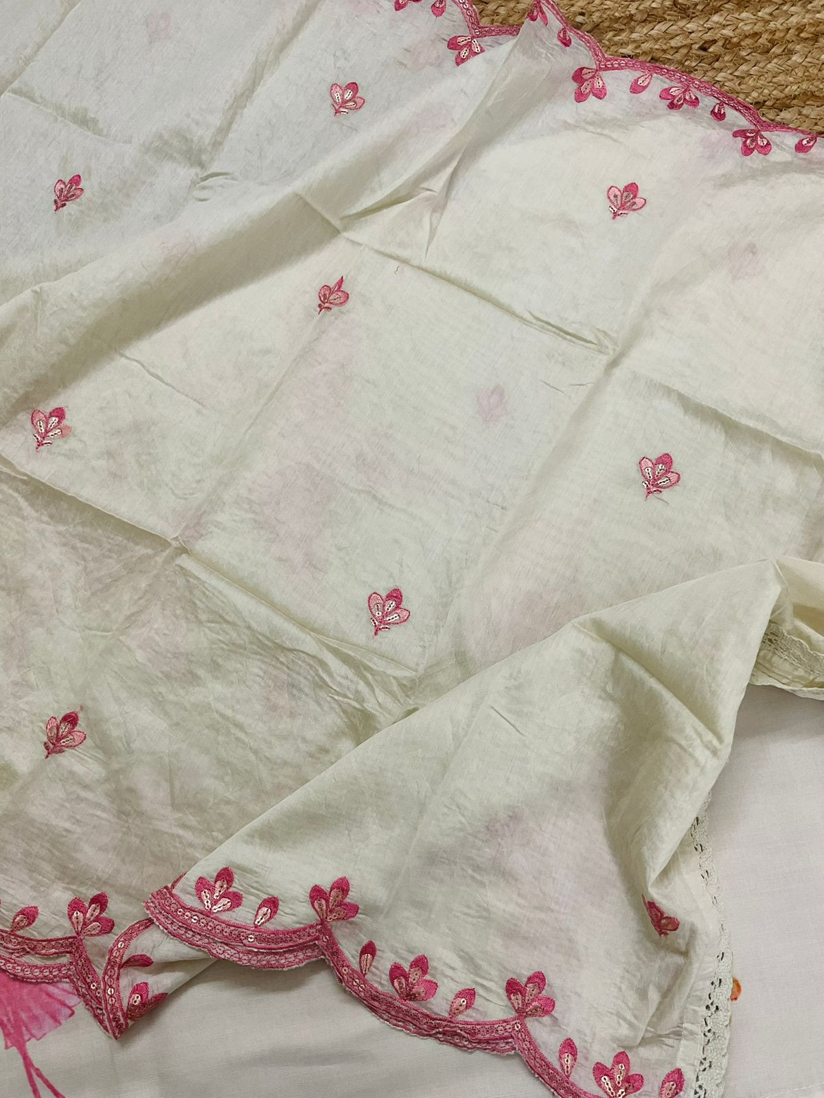 Soft Slub Cotton Printed Embroidered Suit - Off White