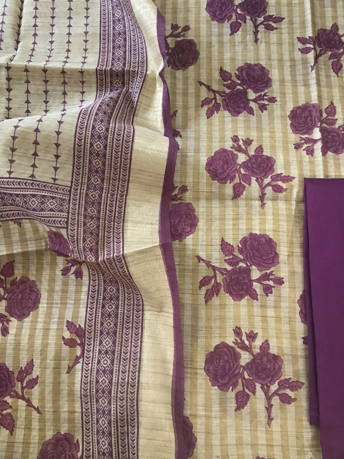 Soft Fine Slub Chanderi Printed Suit - Beige