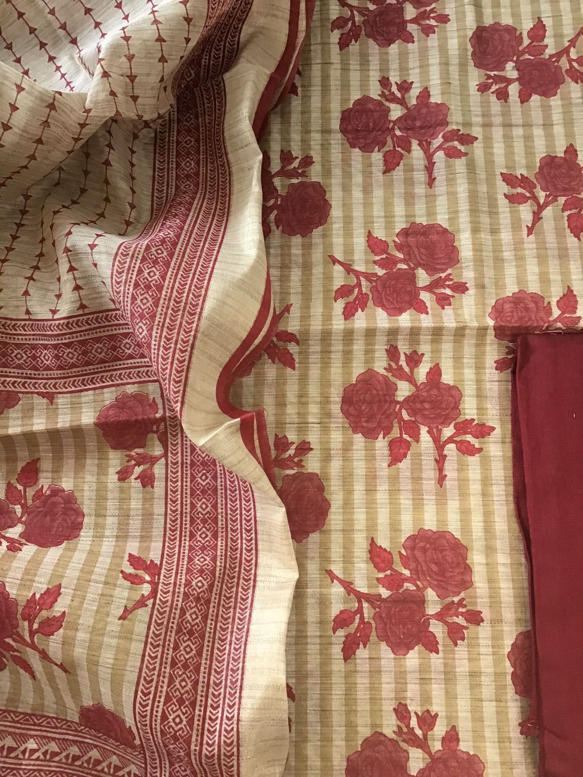 Soft Fine Slub Chanderi Printed Suit - Beige