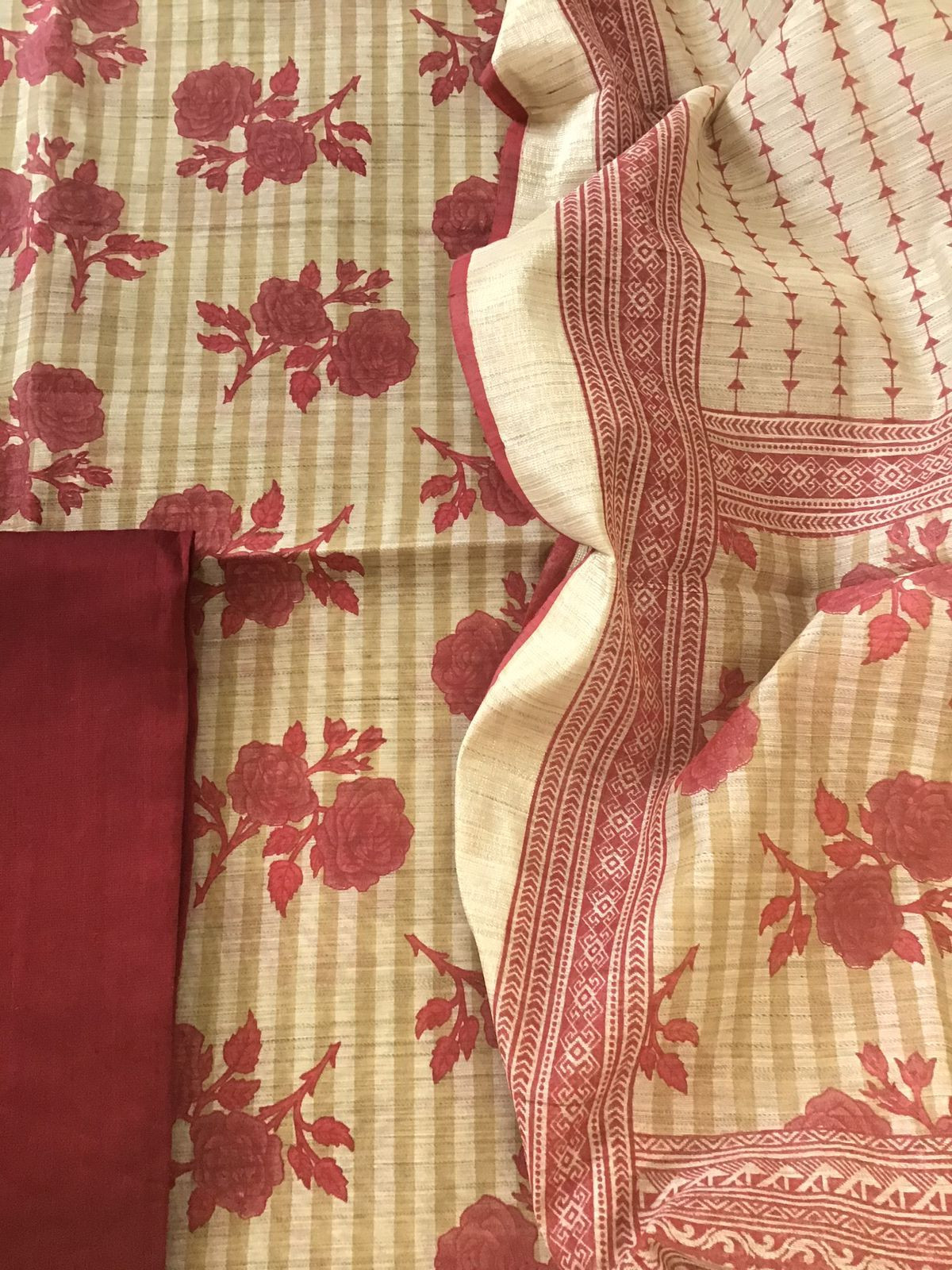 Soft Fine Slub Chanderi Printed Suit - Beige